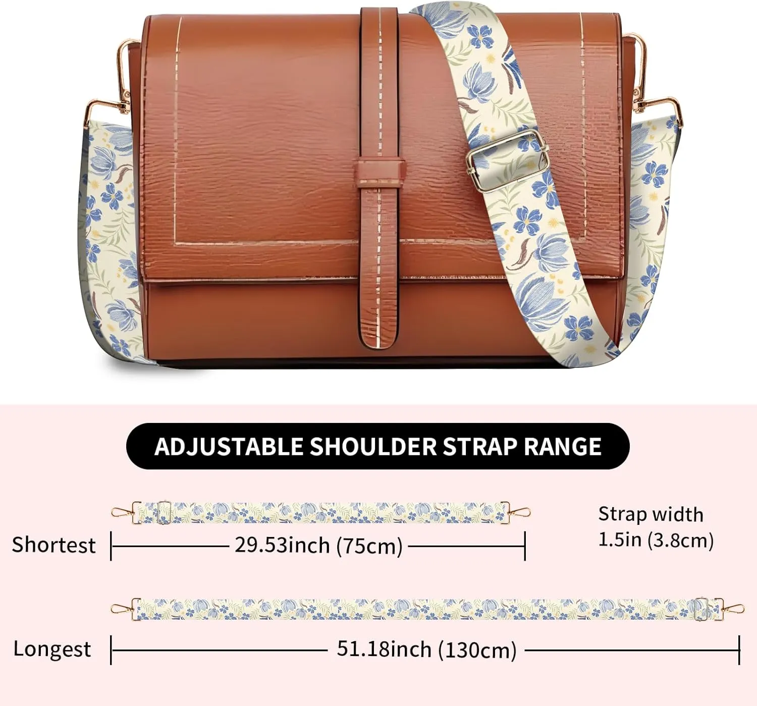 Wide Purse Strap Replacement Crossbody, Funny Shoulder Strap Adjustable, Cute Bag Strap for Women Guitar Purses Cute Blue Flowers