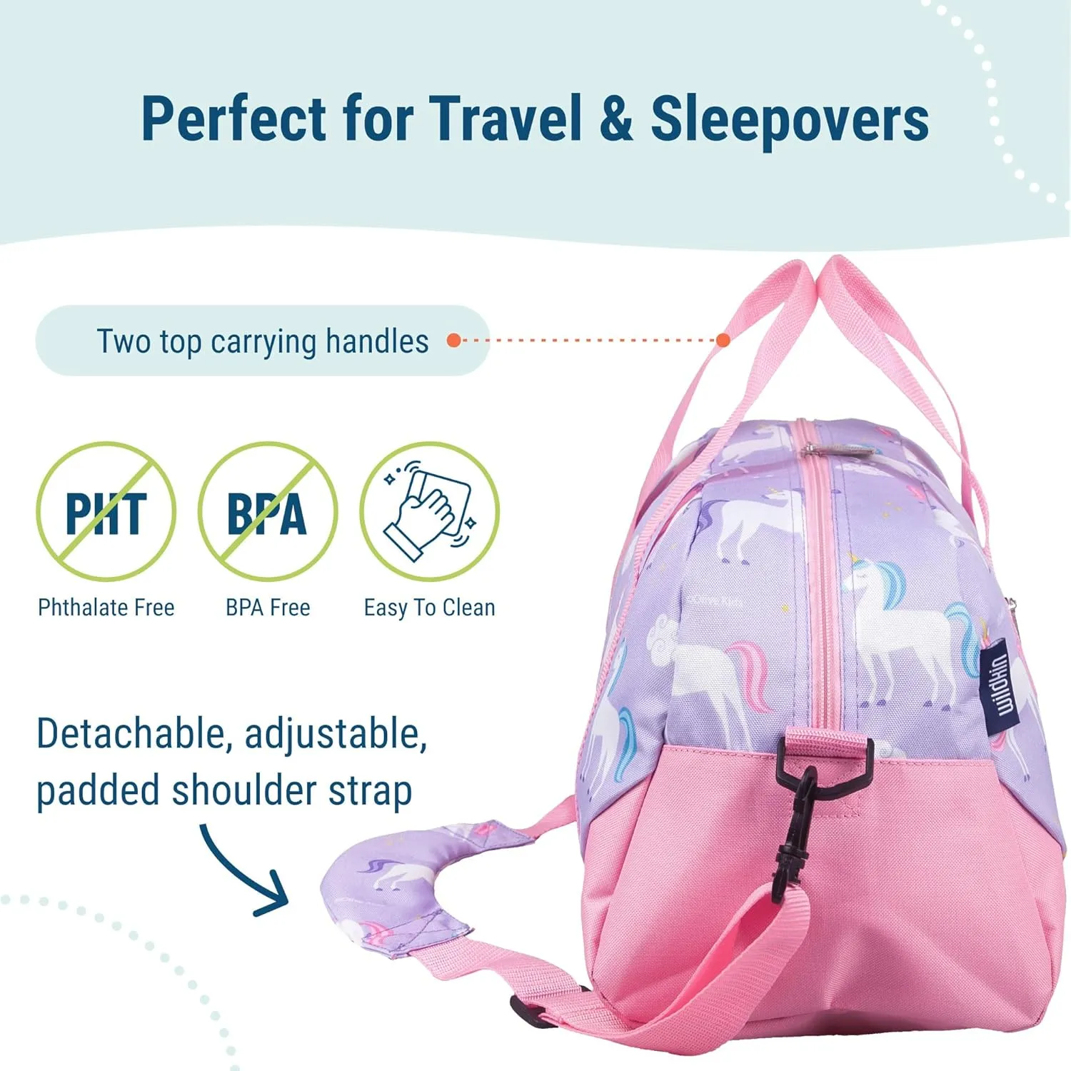 Wildkin Kids Overnighter Duffel Bag – Carry-On Size, Ideal for School & Sleepovers – Unicorn