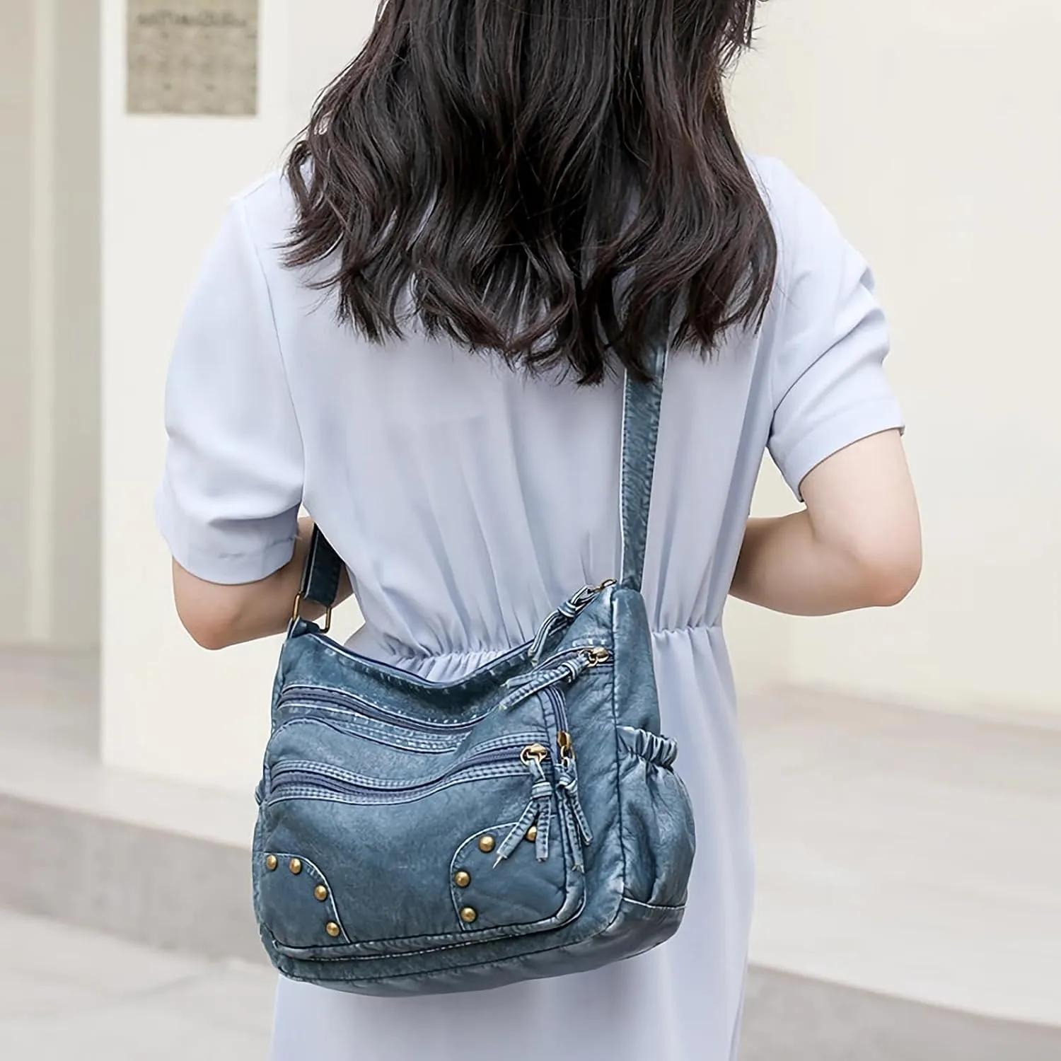 WITERY Lightweight Leather Multi-Pocket Shoulder Bag for Women - Retro Sling Medium Travel Purses