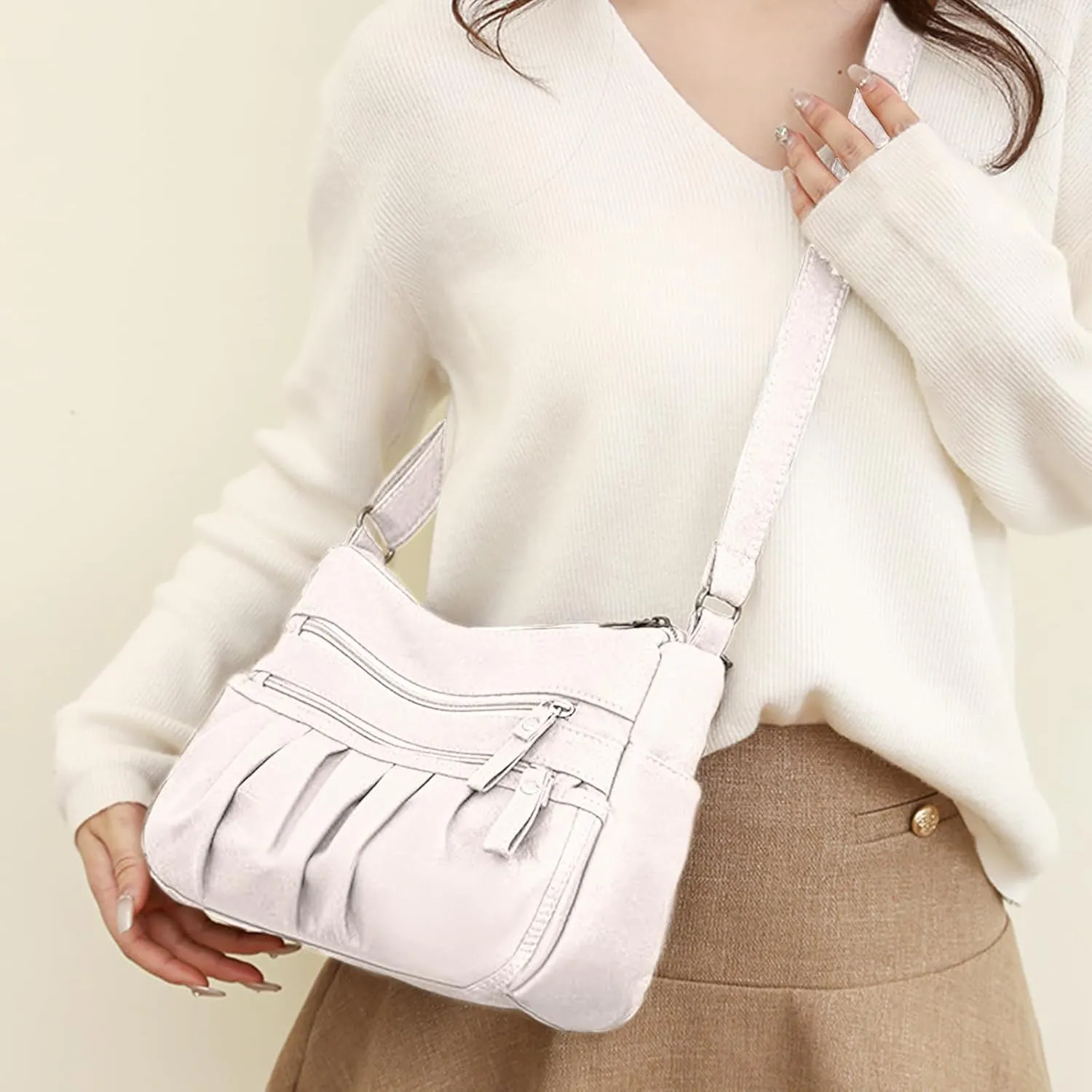 WITERY Soft Leather Multi-Pocket Shoulder Bag for Women - Retro Sling Ruched Hobo Tote Bag
