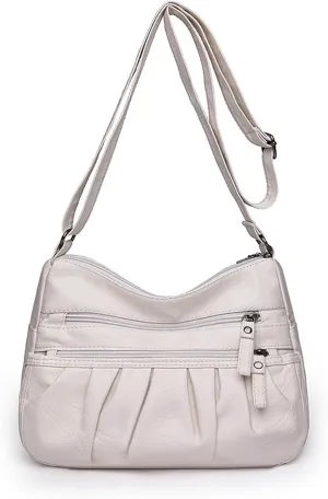WITERY Soft Leather Multi-Pocket Shoulder Bag for Women - Retro Sling Ruched Hobo Tote Bag