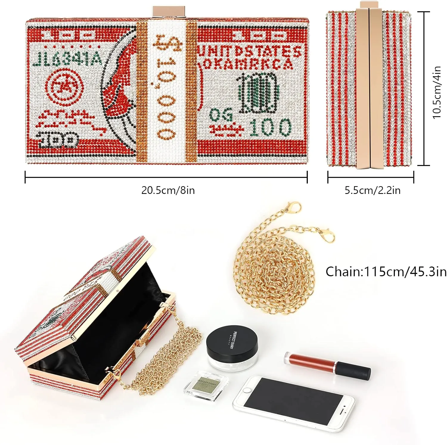 WJCD Money Clutch Purses Rhinestone Crossbody Purse Unique Evening Clutch Handbag Shoulder Bag Money Purses Crossbody Bag
