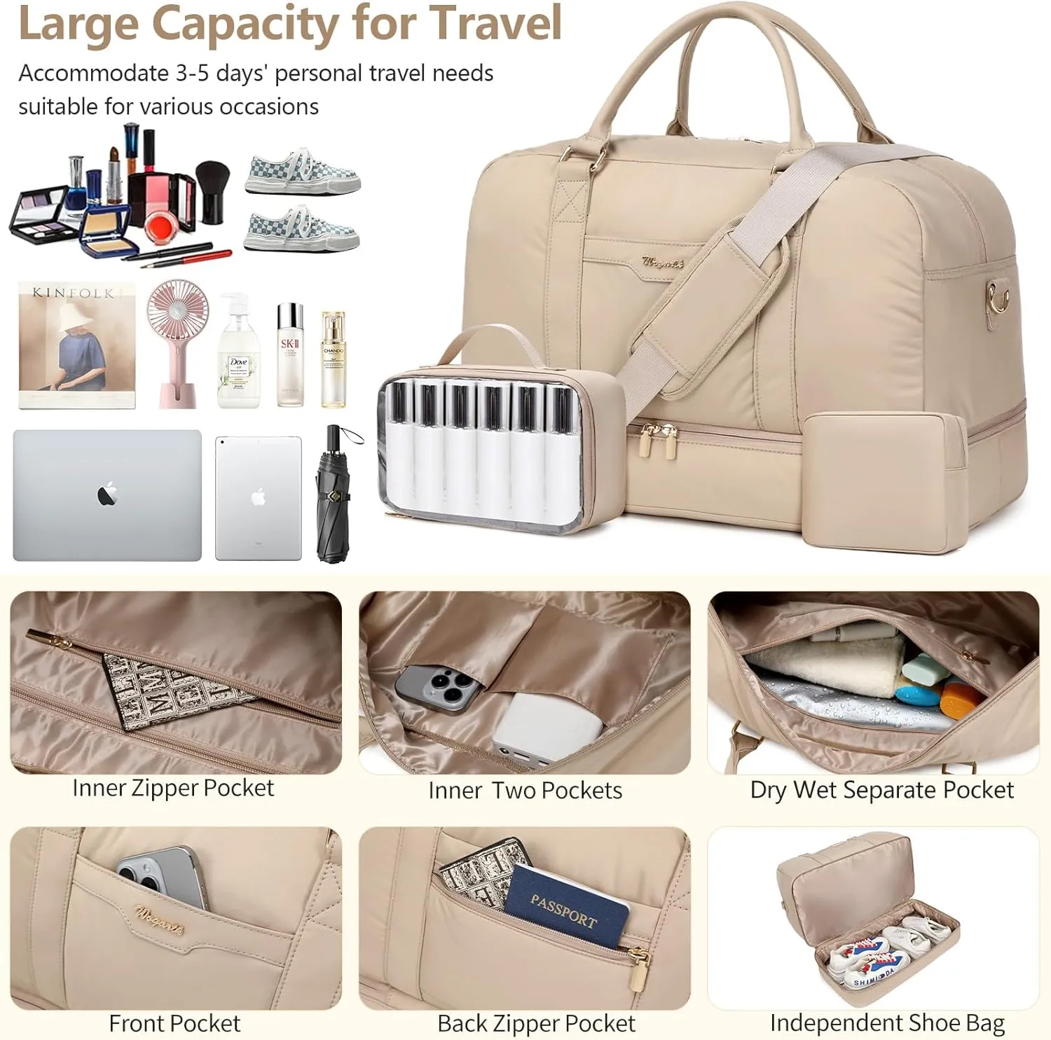Wogarl Weekender Bag for Women Men Large Overnight Bag Travel Duffel Bag with Shoe Compartment Toiletry Satchel Bag Carry On Bag Fit 21" Laptop