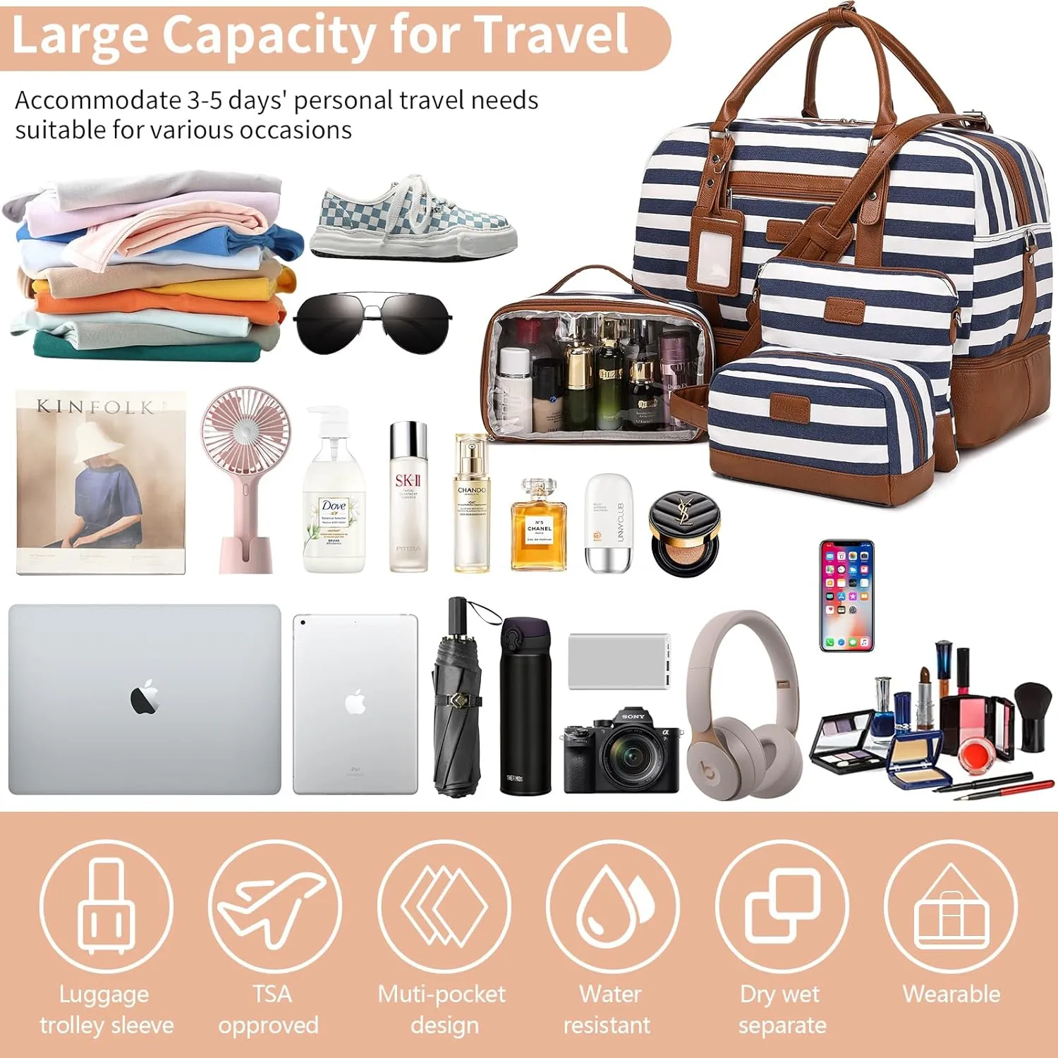 Wogarl Weekender Bags for Women Large Overnight Bag Weekend Travel Duffel Bag Carry on Shoulder with Shoe Compartment Toiletry Bag for Travel Business Gym