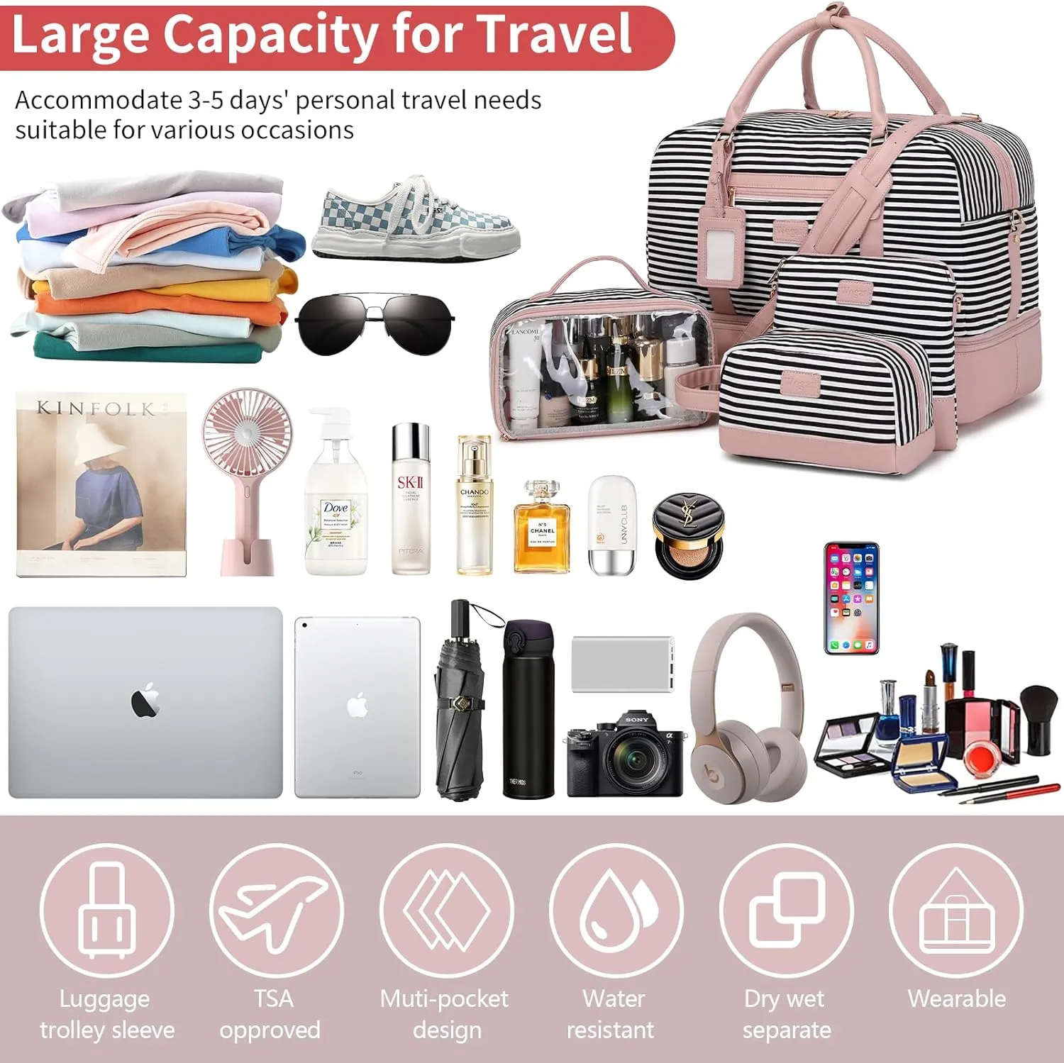 Wogarl Weekender Bags for Women Large Overnight Bag Weekend Travel Duffel Bag Carry on Shoulder with Shoe Compartment Toiletry Bag for Travel Business Gym