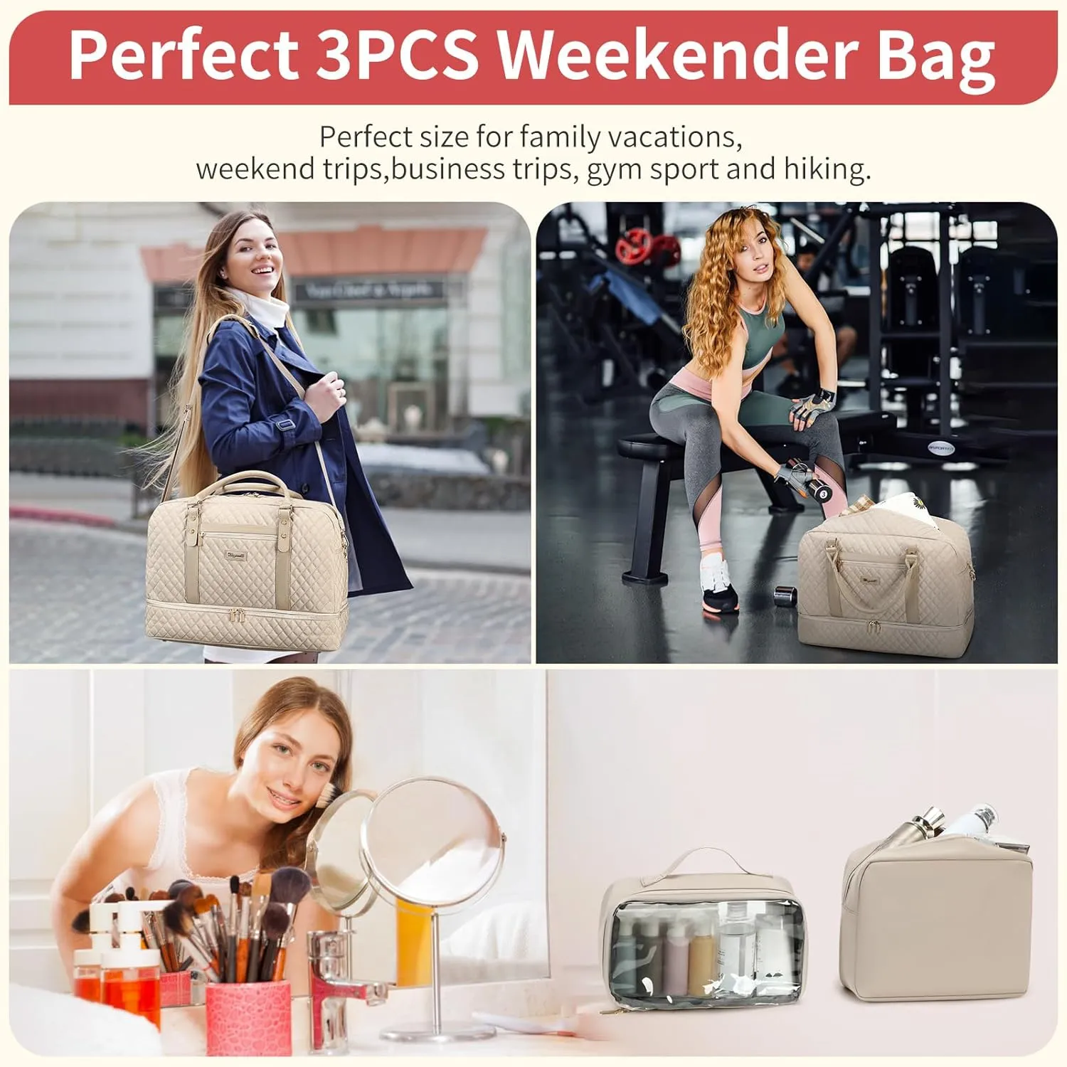 Wogarl Weekender Bags for Women Large Overnight Bag Weekend Travel Duffel Bag Carry on Shoulder with Shoe Compartment Toiletry Bag for Travel Business Gym
