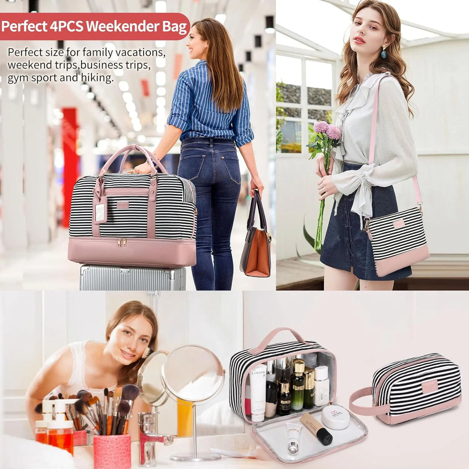 Wogarl Weekender Bags for Women Large Overnight Bag Weekend Travel Duffel Bag Carry on Shoulder with Shoe Compartment Toiletry Bag for Travel Business Gym