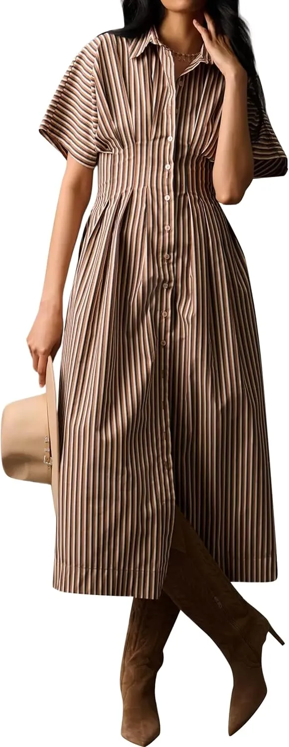 Women Button Front Pleated Shirt Maxi Dress Summer Striped Prints Short Sleeve Collar Casual Long Dresses