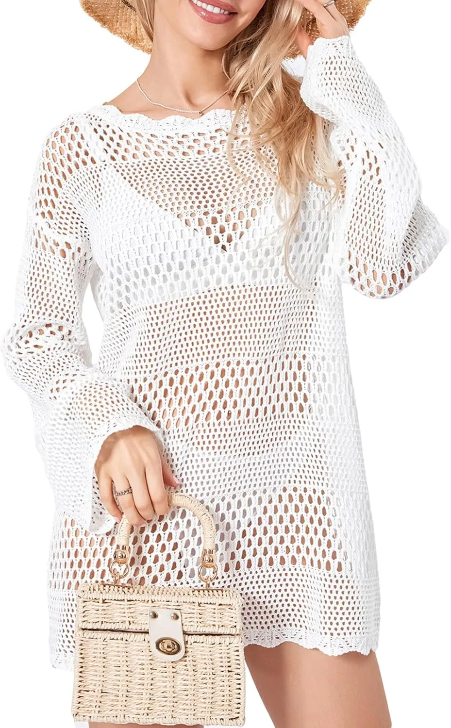 Women Crochet Knit Mini Dress Long Sleeve Colorful Mesh Cover Ups Casual Sweater Dress Summer Beach Wear
