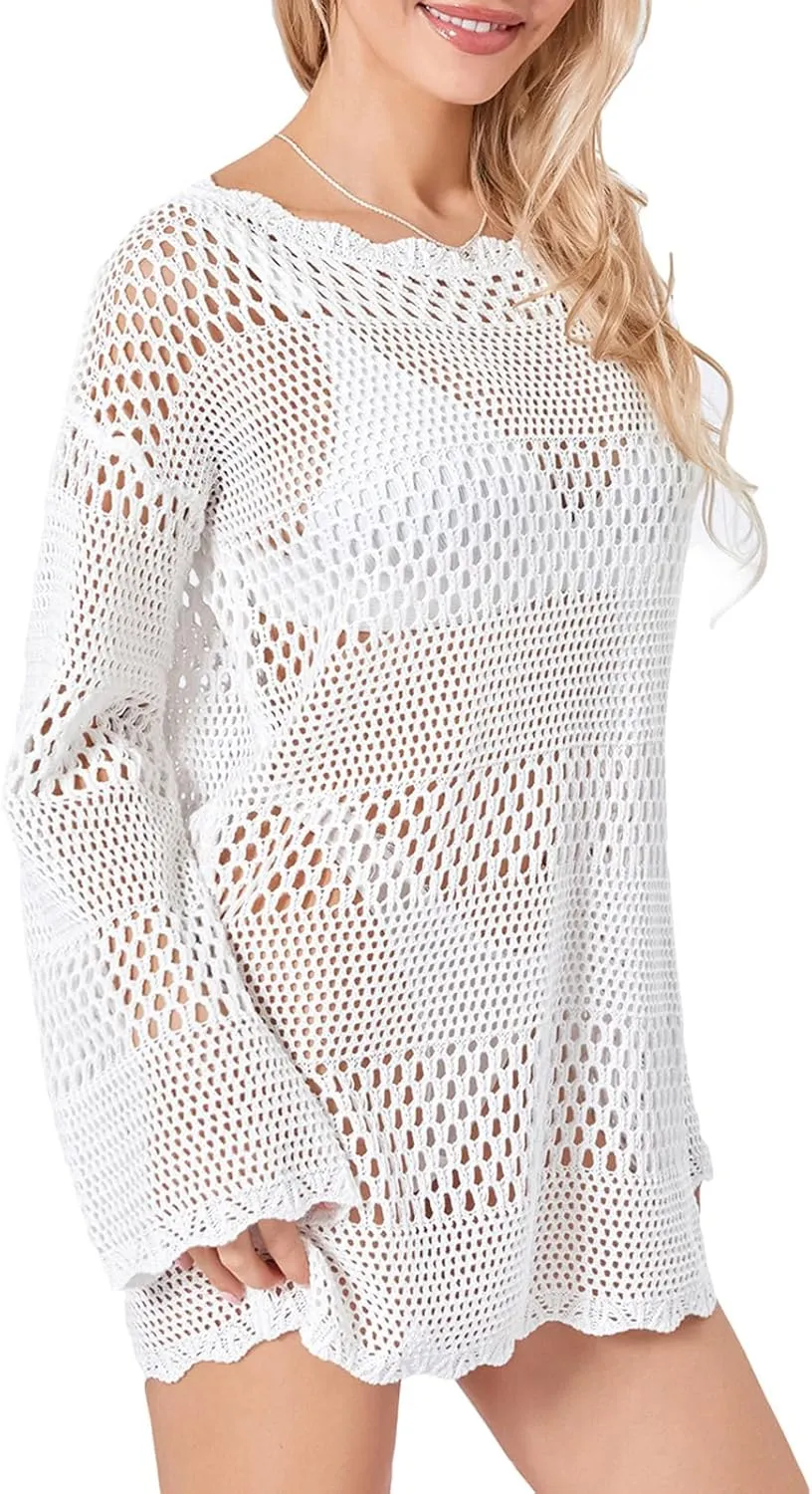 Women Crochet Knit Mini Dress Long Sleeve Colorful Mesh Cover Ups Casual Sweater Dress Summer Beach Wear
