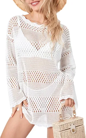 Women Crochet Knit Mini Dress Long Sleeve Colorful Mesh Cover Ups Casual Sweater Dress Summer Beach Wear