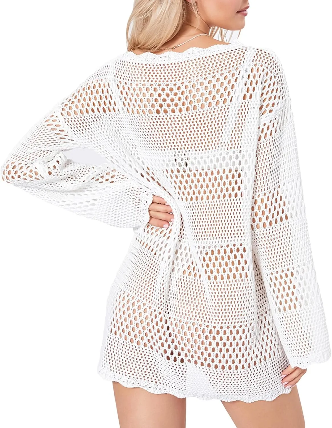 Women Crochet Knit Mini Dress Long Sleeve Colorful Mesh Cover Ups Casual Sweater Dress Summer Beach Wear