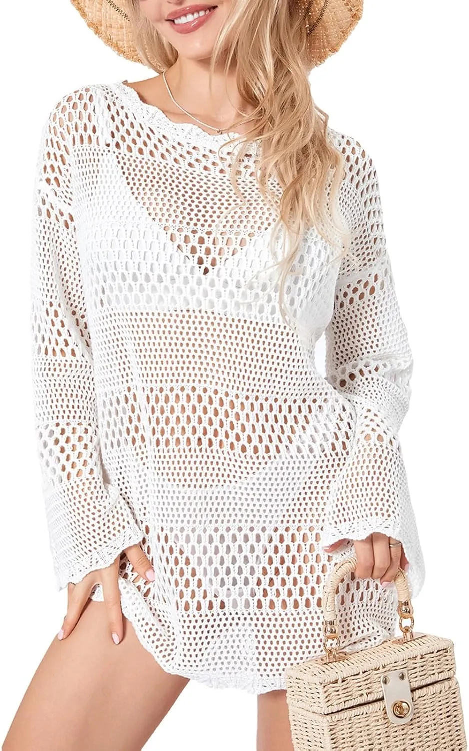 Women Crochet Knit Mini Dress Long Sleeve Colorful Mesh Cover Ups Casual Sweater Dress Summer Beach Wear