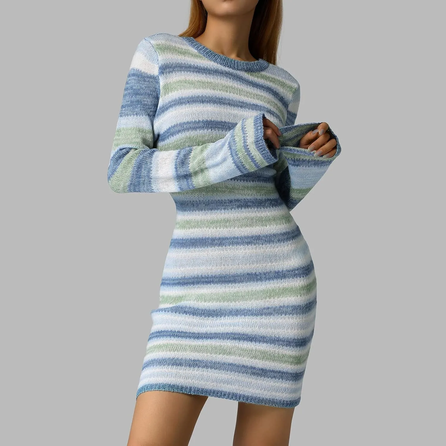 Women Crochet Knit Mini Dress Long Sleeve Colorful Mesh Cover Ups Casual Sweater Dress Summer Beach Wear