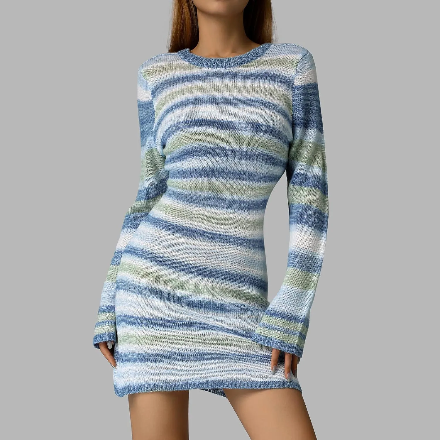Women Crochet Knit Mini Dress Long Sleeve Colorful Mesh Cover Ups Casual Sweater Dress Summer Beach Wear