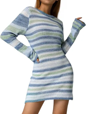 Women Crochet Knit Mini Dress Long Sleeve Colorful Mesh Cover Ups Casual Sweater Dress Summer Beach Wear