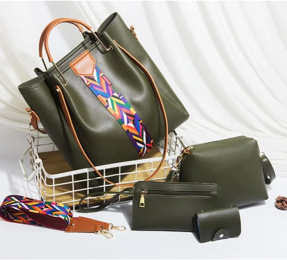 Women Handbags Sets Vegan Leather Purses Color Woven Tape Tote Bags Shoulder Crossbody Bag