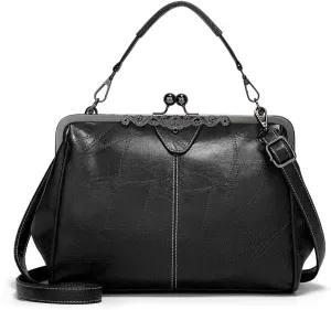 Women Kiss Lock Crossbody Vintage Small Retro Handbags Purse Frosted Leather Messenger Bag Tote