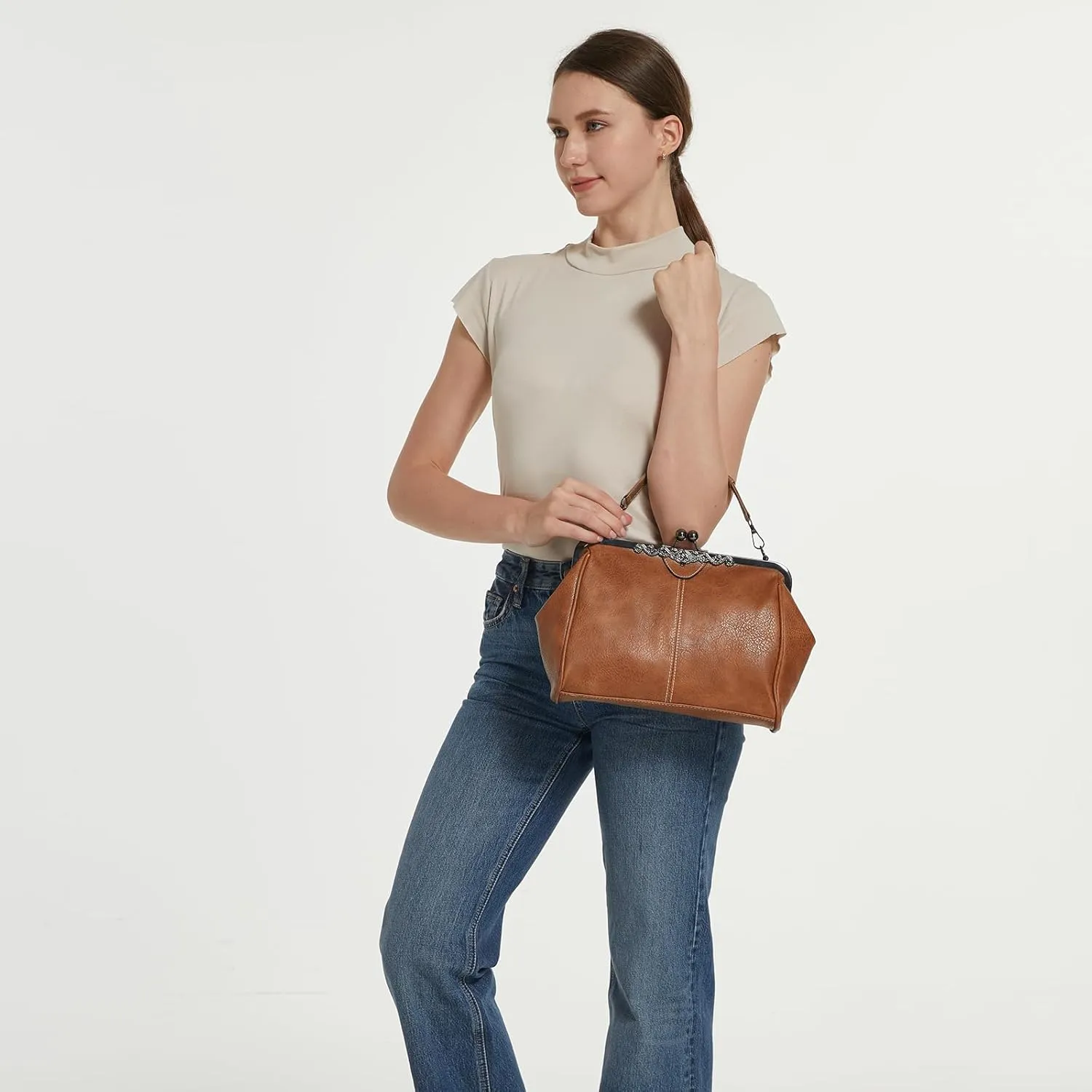 Women Kiss Lock Vintage Handbags for Women Oil Leather Evening Clutch Satchel Purse Tote