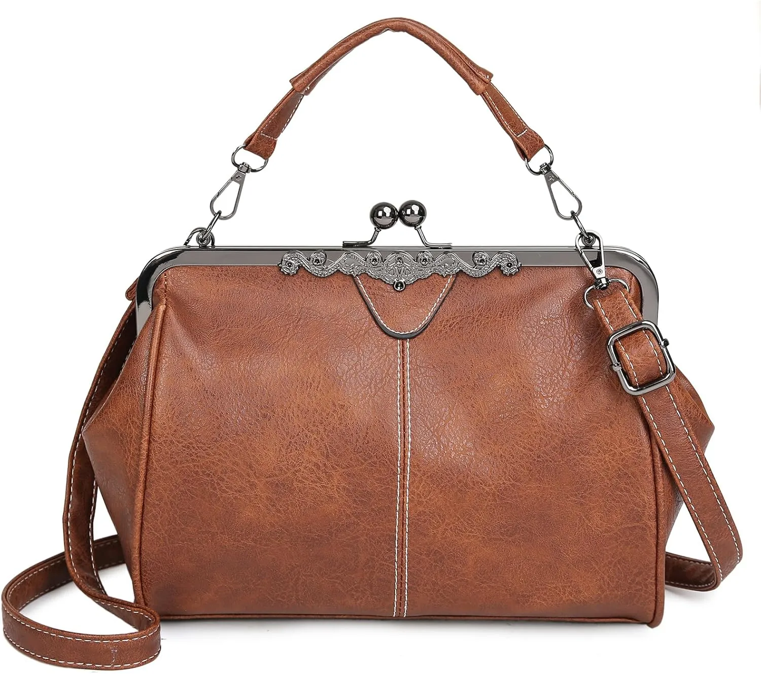 Women Kiss Lock Vintage Handbags for Women Oil Leather Evening Clutch Satchel Purse Tote