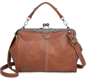 Women Kiss Lock Vintage Handbags for Women Oil Leather Evening Clutch Satchel Purse Tote