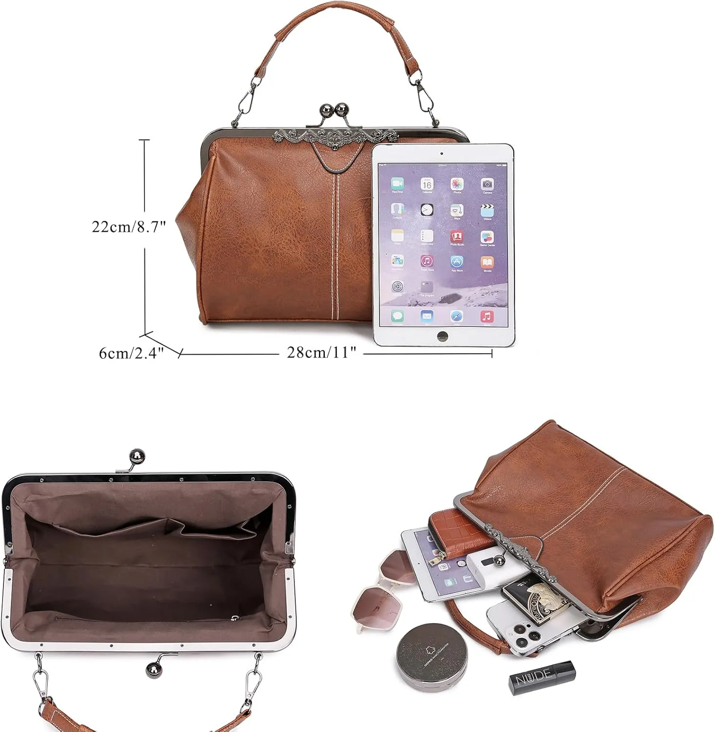 Women Kiss Lock Vintage Handbags for Women Oil Leather Evening Clutch Satchel Purse Tote