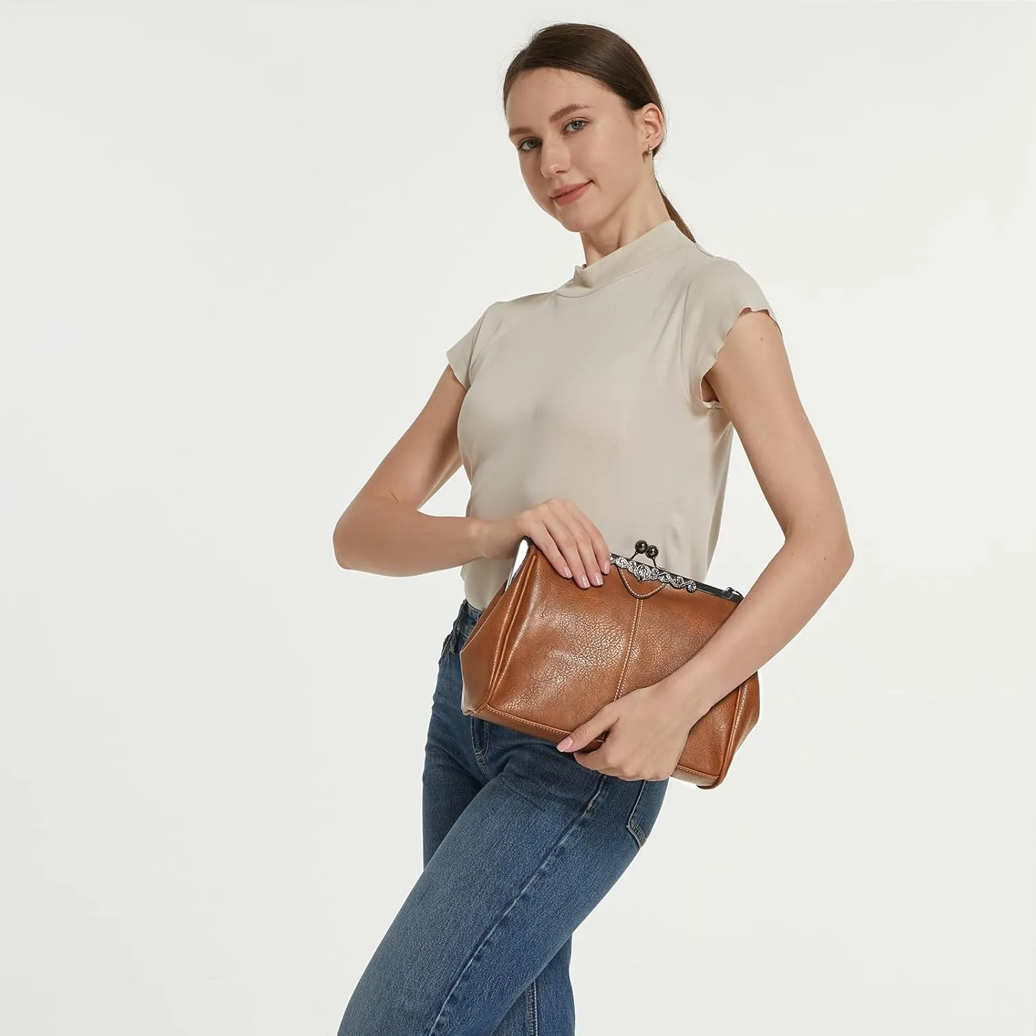 Women Kiss Lock Vintage Handbags for Women Oil Leather Evening Clutch Satchel Purse Tote