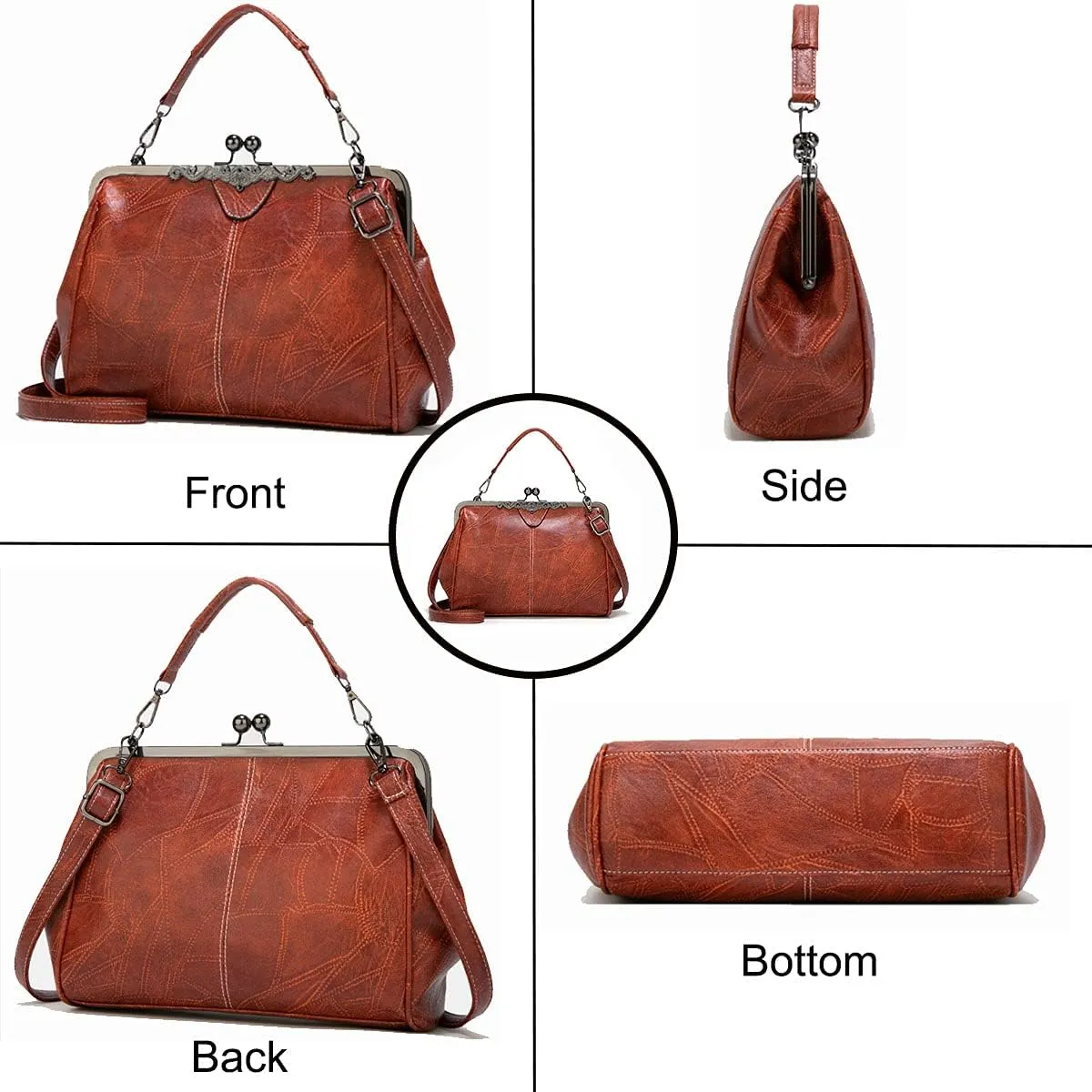Women Retro Hollow Oil Wax PU Leather Handbag Multiple Collocations Handbags Kiss Lock Messenger Bag