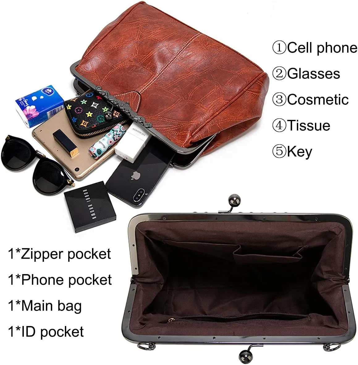 Women Retro Hollow Oil Wax PU Leather Handbag Multiple Collocations Handbags Kiss Lock Messenger Bag