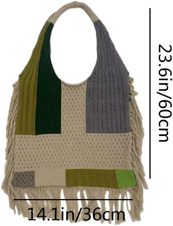 Women Spliced Woven Shoulder Bag Purse Knitted Woolen Yarn Hollowed Out Small Hole Handbag