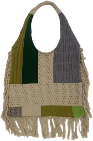 Women Spliced Woven Shoulder Bag Purse Knitted Woolen Yarn Hollowed Out Small Hole Handbag