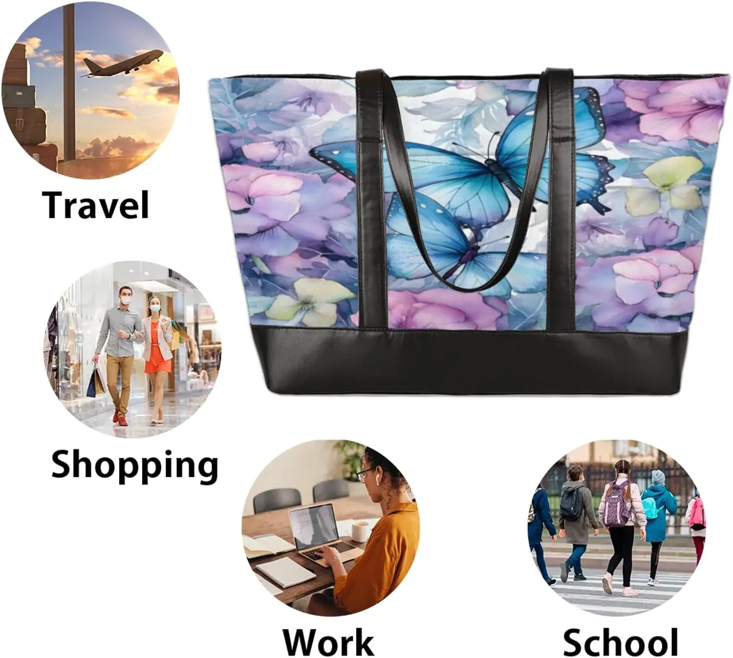 Women Tote Bag with Zipper, Shopper Handbag Travel Purse, PU Leather Laptop Tote Bags, Weekender Tote Bags
