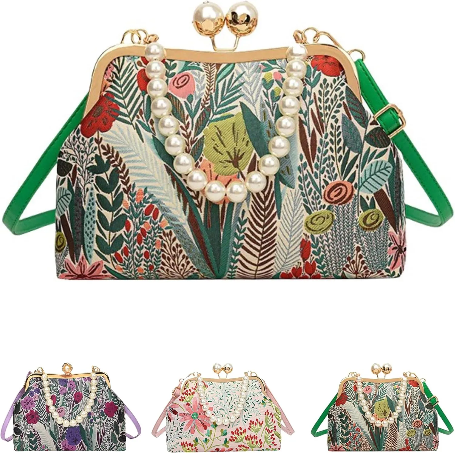 Women Vintage Flower Embroidery Handbag,Shoulder Chain Messenger Clutch,Embroidery Purse Small Pearl Crossbody Bag