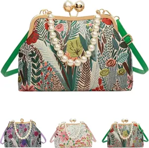 Women Vintage Flower Embroidery Handbag,Shoulder Chain Messenger Clutch,Embroidery Purse Small Pearl Crossbody Bag