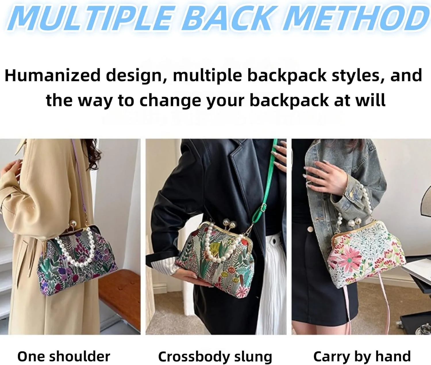 Women Vintage Flower Embroidery Handbag,Shoulder Chain Messenger Clutch,Embroidery Purse Small Pearl Crossbody Bag