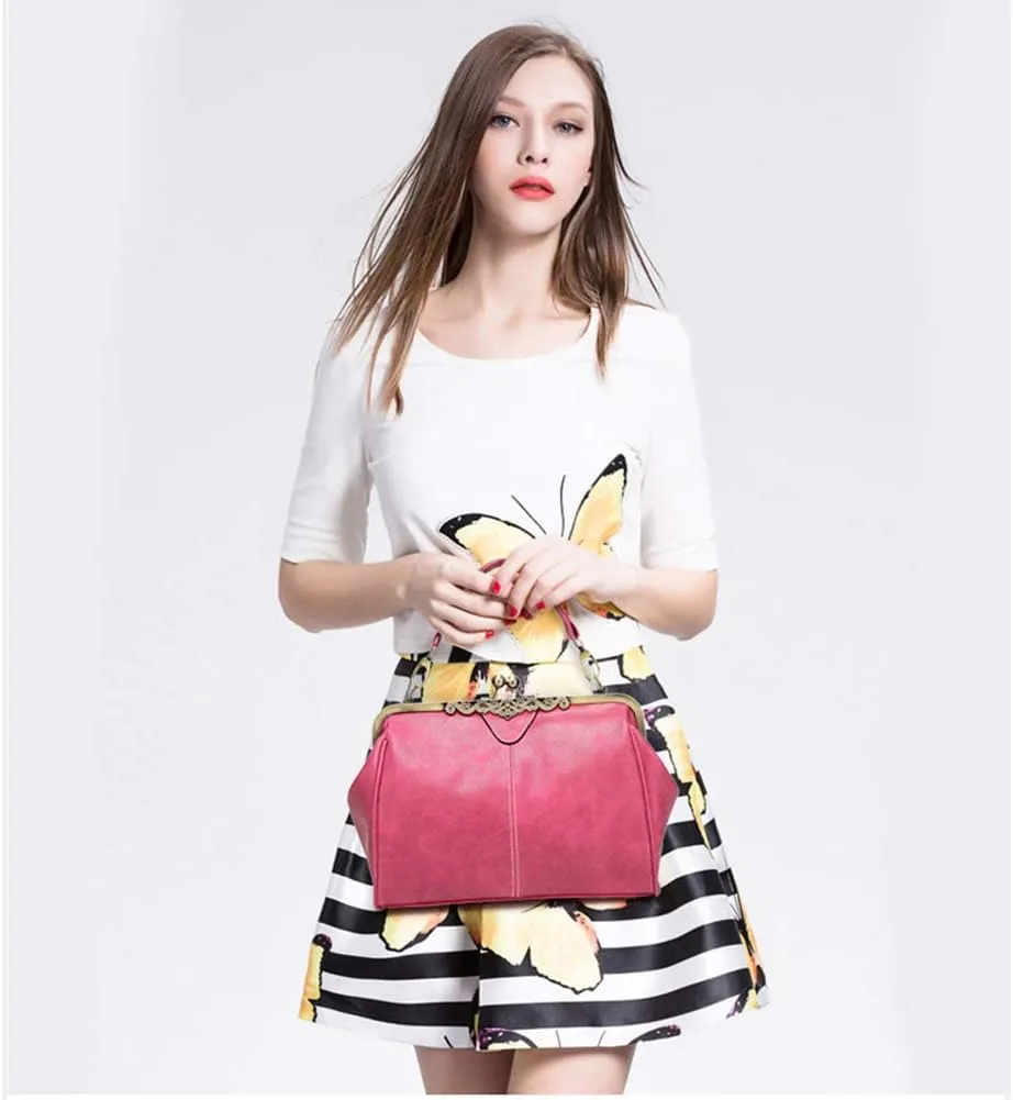 Women Vintage Small Retro Handbags Kiss Lock Crossbody Purse Frosted Leather Messenger Bag Tote