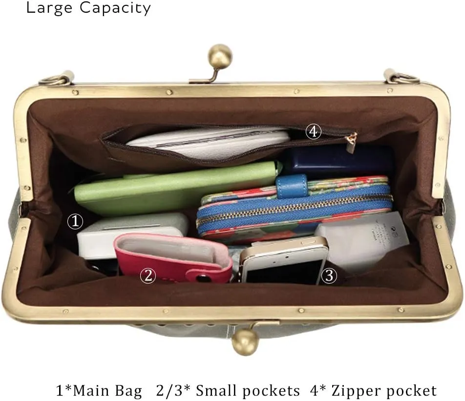 Women Vintage Small Retro Handbags Kiss Lock Crossbody Purse Frosted Leather Messenger Bag Tote