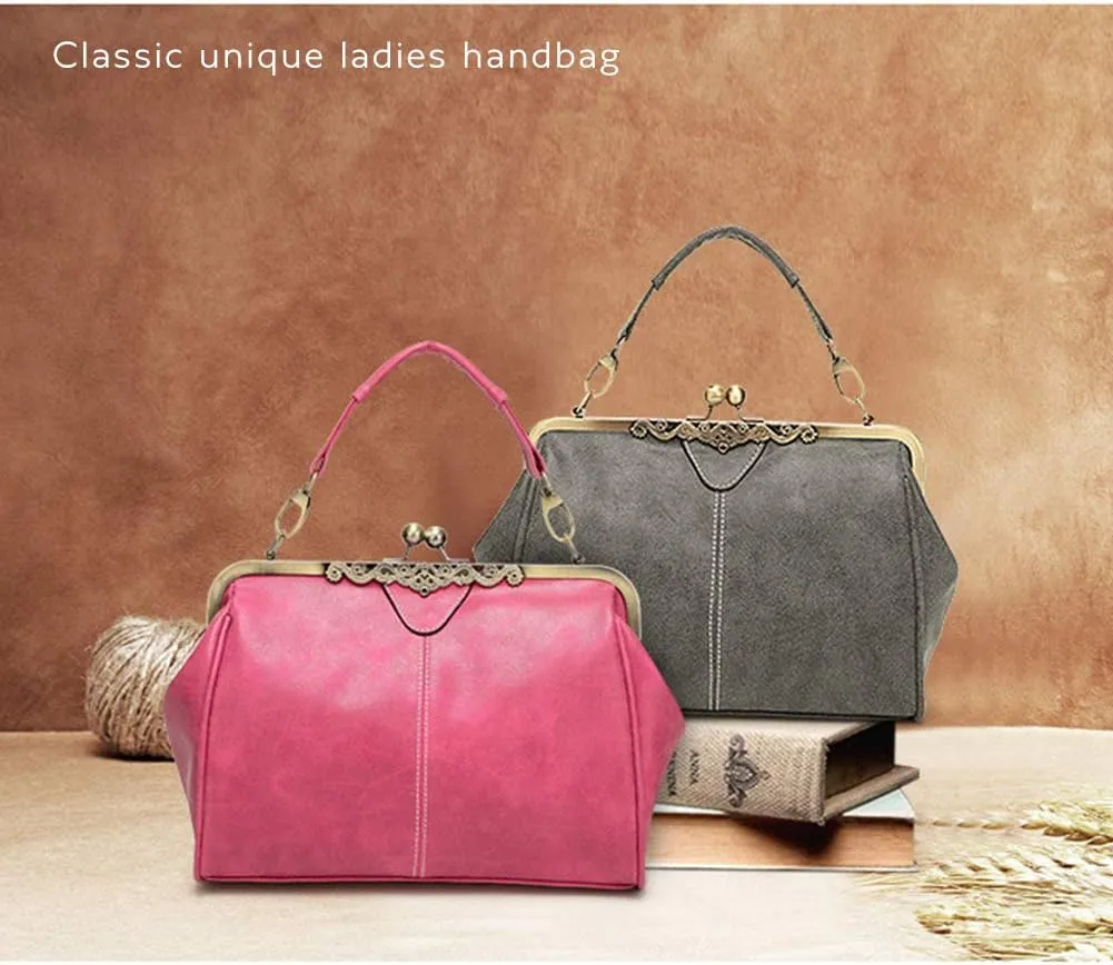 Women Vintage Small Retro Handbags Kiss Lock Crossbody Purse Frosted Leather Messenger Bag Tote