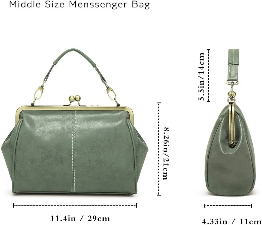 Women Vintage Small Retro Handbags Kiss Lock Crossbody Purse Frosted Leather Messenger Bag Tote