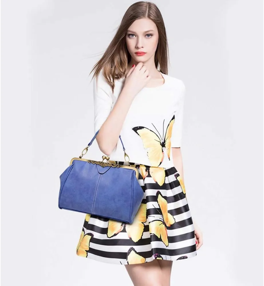 Women Vintage Small Retro Handbags Kiss Lock Crossbody Purse Frosted Leather Messenger Bag Tote