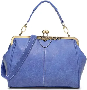 Women Vintage Small Retro Handbags Kiss Lock Crossbody Purse Frosted Leather Messenger Bag Tote
