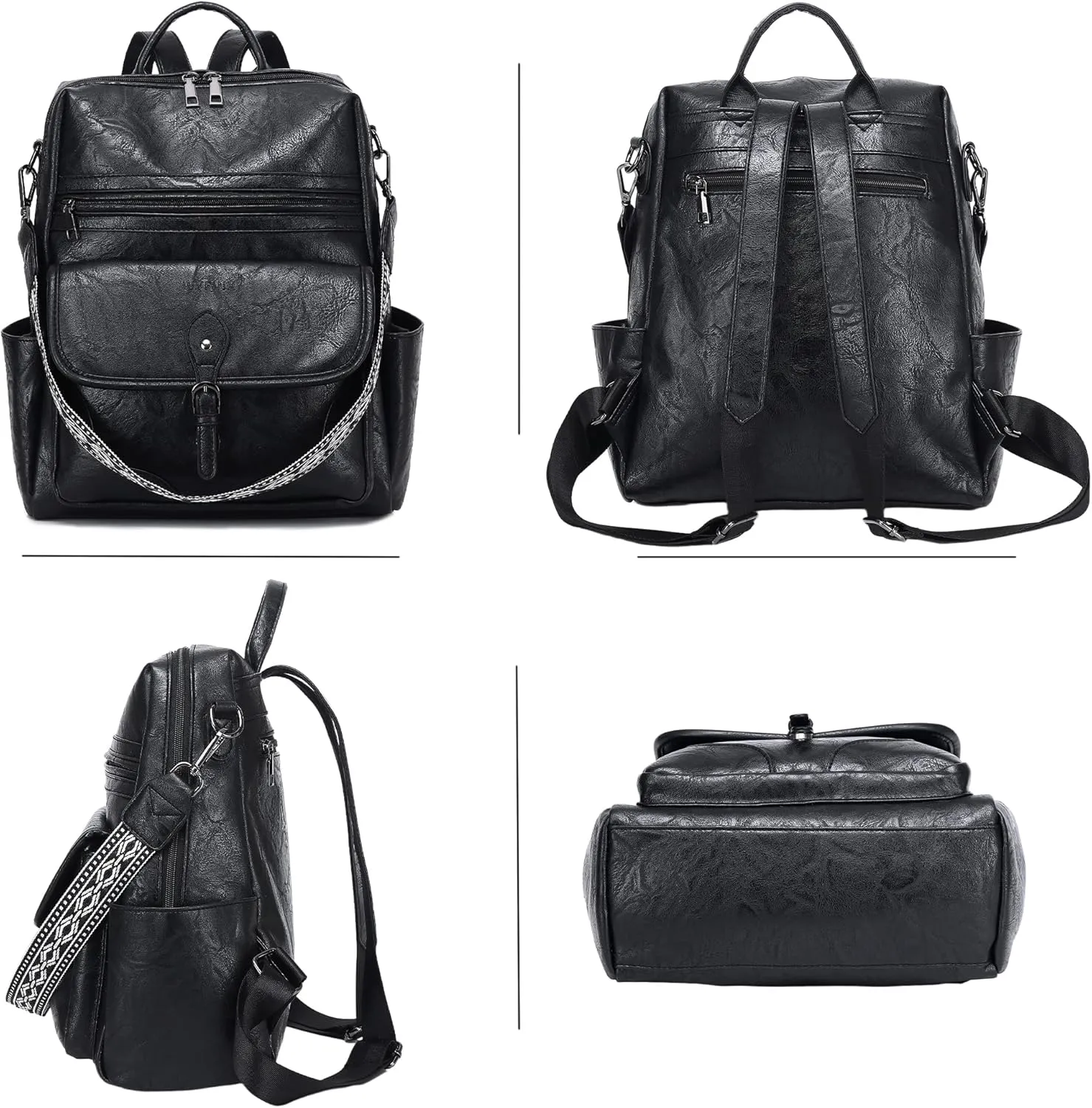 Womens Backpack Purse Leather Backpack Fashion Travel Ladies Convertible Shoulder Bag Casual Designer Handbag Black