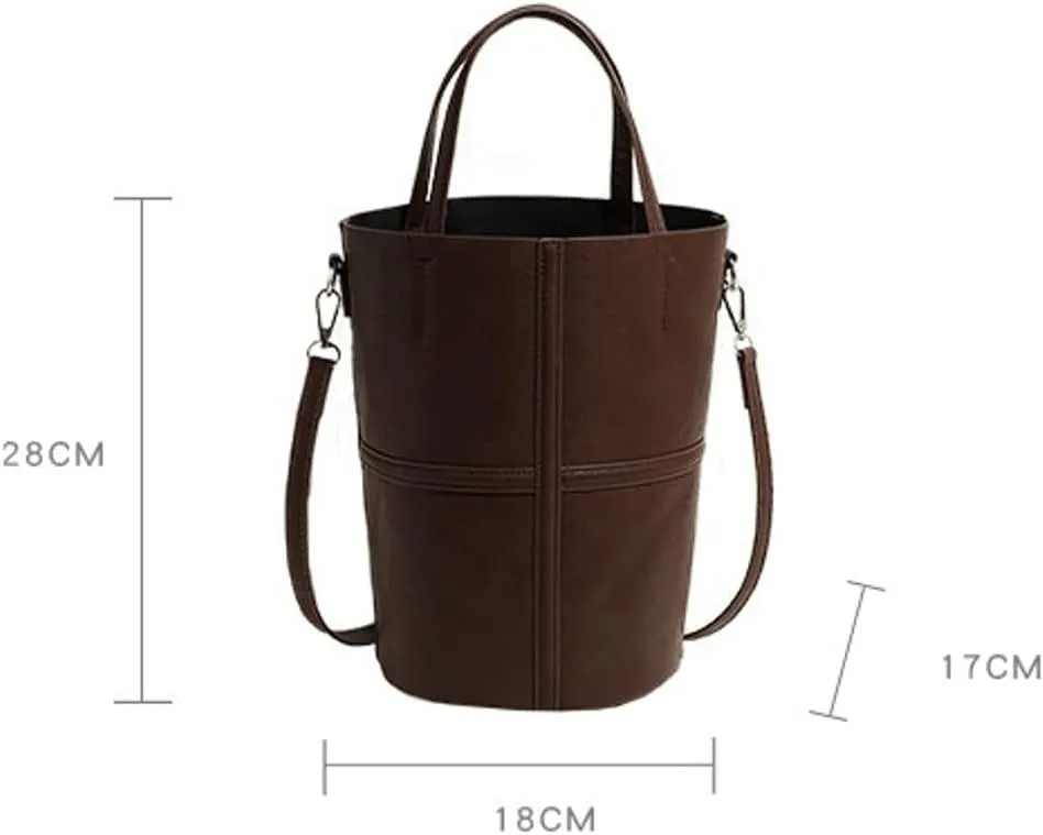 Womens Bucket Tote Bag Vegan Leather Shoulder Crossbody Purse Large Handbag Casual Satchel with Drawstring Pouch