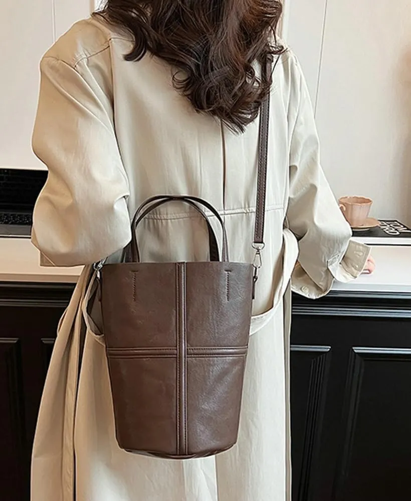 Womens Bucket Tote Bag Vegan Leather Shoulder Crossbody Purse Large Handbag Casual Satchel with Drawstring Pouch