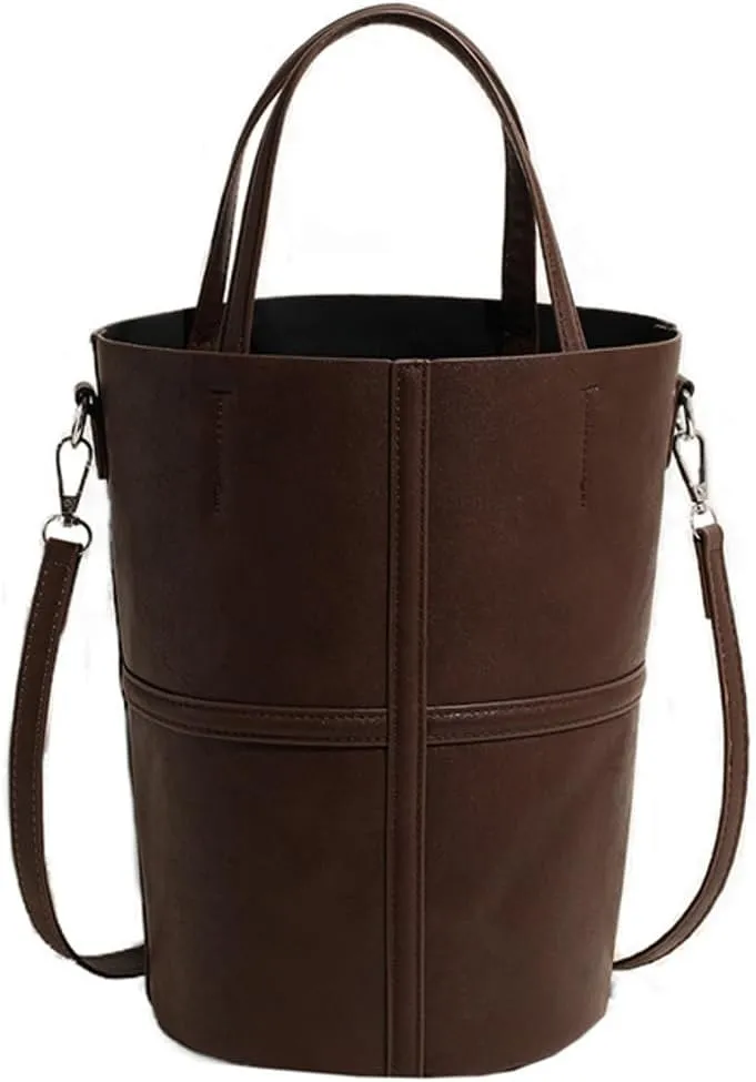 Womens Bucket Tote Bag Vegan Leather Shoulder Crossbody Purse Large Handbag Casual Satchel with Drawstring Pouch
