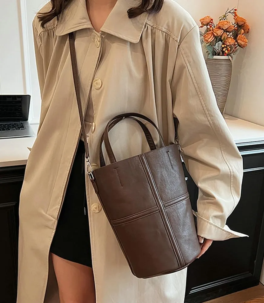 Womens Bucket Tote Bag Vegan Leather Shoulder Crossbody Purse Large Handbag Casual Satchel with Drawstring Pouch