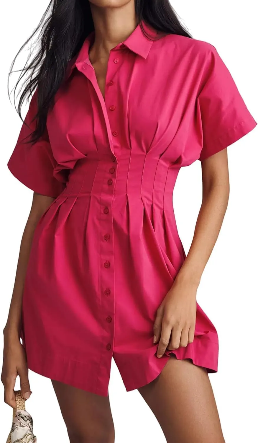 Womens Button Down Striped Shirt Dress Empire Waist Pleated Mini Dress Summer Cute Collar Pinstripe Dresses