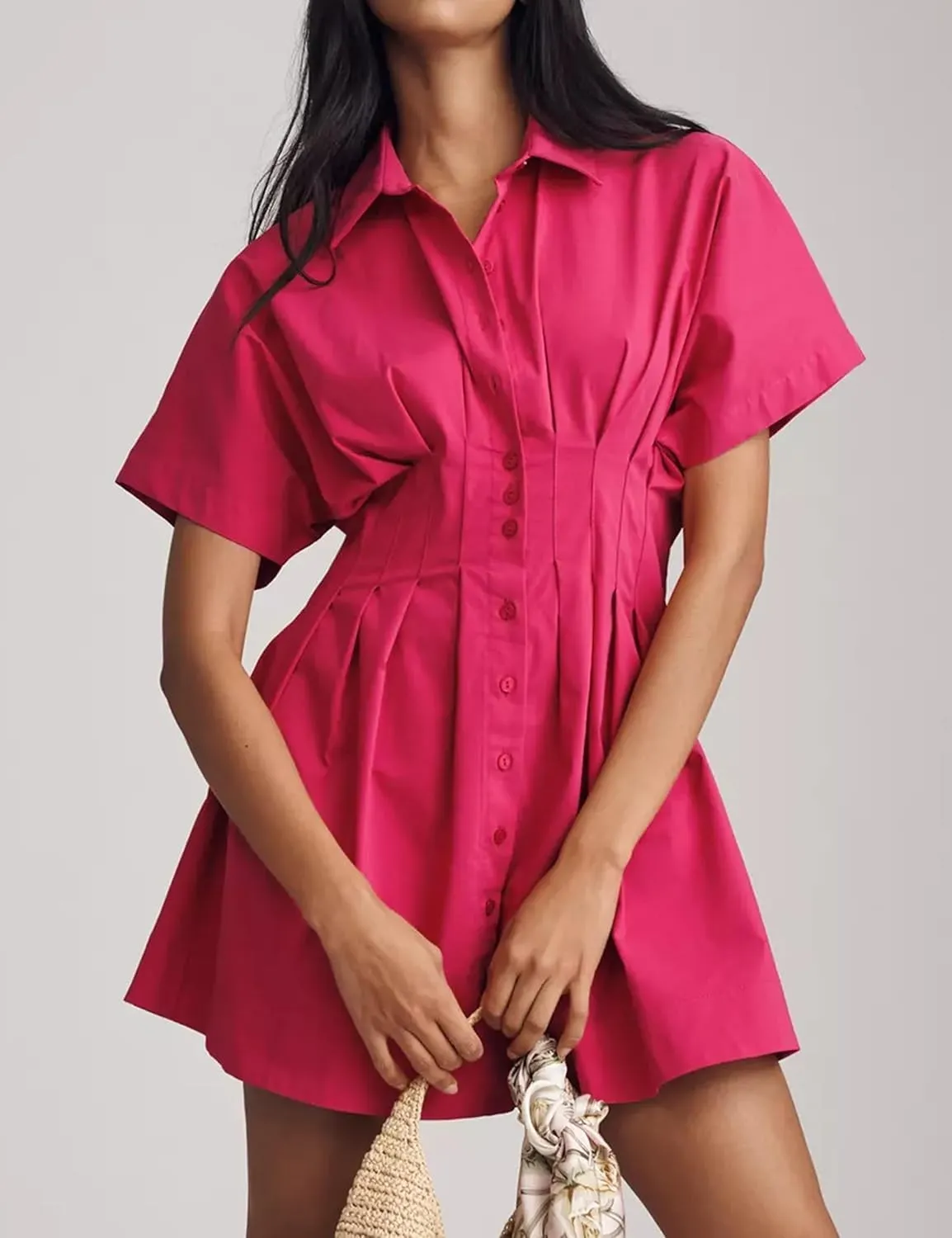 Womens Button Down Striped Shirt Dress Empire Waist Pleated Mini Dress Summer Cute Collar Pinstripe Dresses