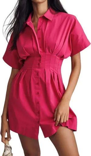 Womens Button Down Striped Shirt Dress Empire Waist Pleated Mini Dress Summer Cute Collar Pinstripe Dresses