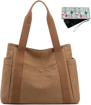 Women's Canvas Tote Handbags Multi-pocket Retro Casual Shoulder Bag Top Handle Satchel Tote Purse